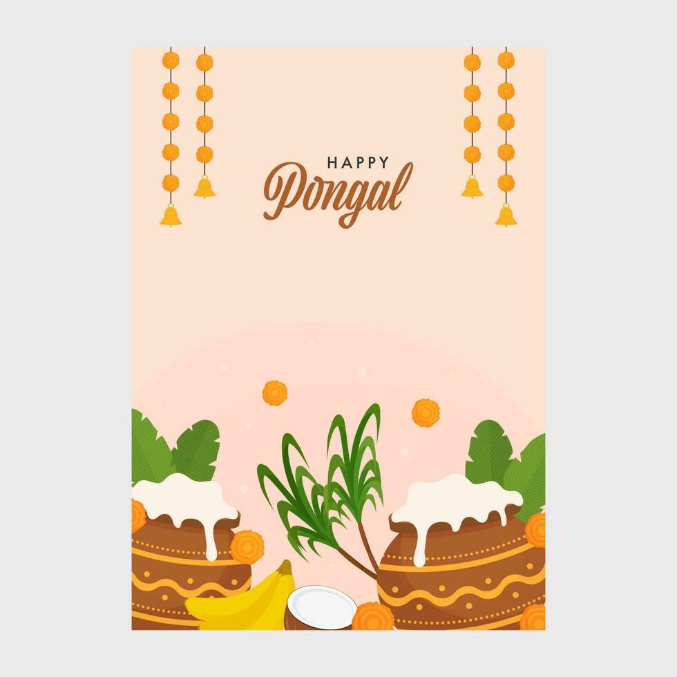 contento pongal saludo tarjeta con festival elementos decorado en rosado antecedentes. vector