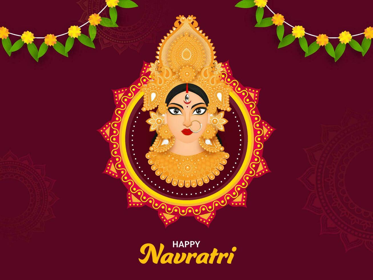 Happy Navratri Celebration Concept With Hindu Mythology Goddess Durga Maa Face And Floral Garland On Claret Mandala Pattern Background. vector