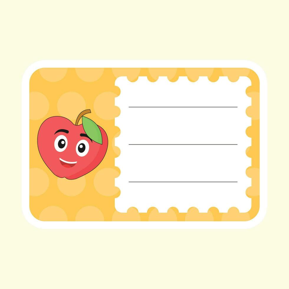 Apple Character Frame Or Notebook Label On Pastel Yellow Background. vector