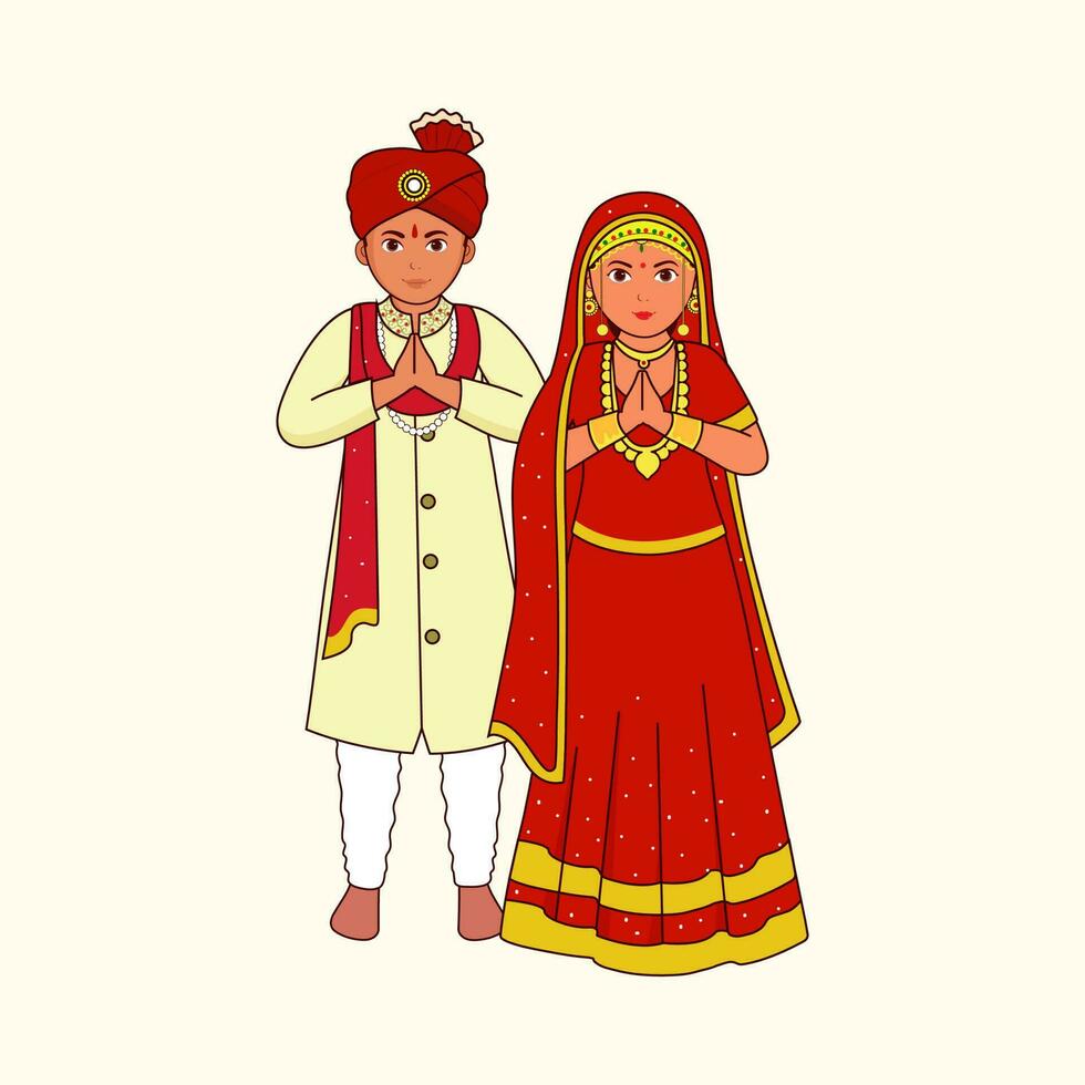 cachemira Boda Pareja saludo namaste en tradicional vestir en cósmico latté antecedentes. vector