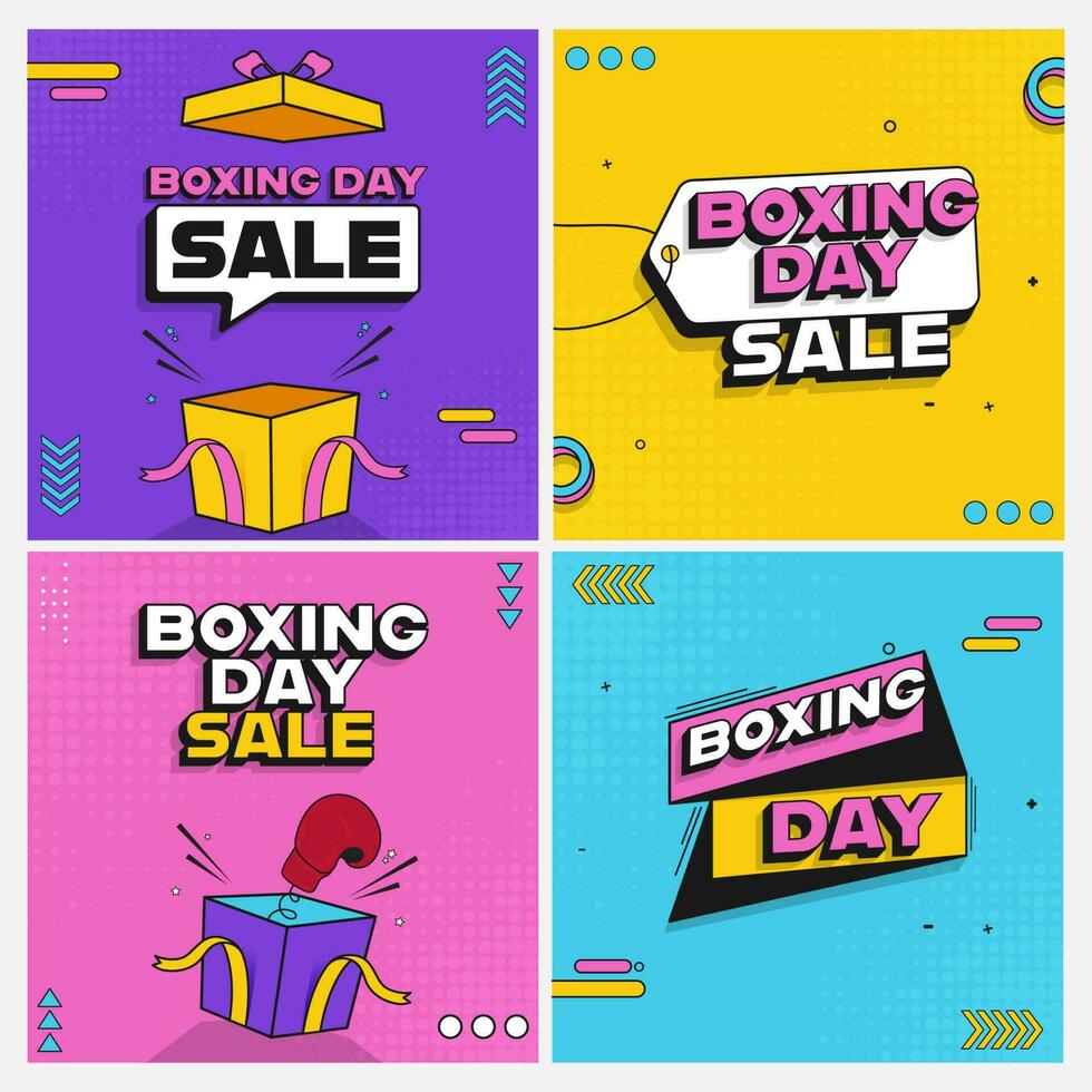 Boxing Day Sale Post Or Template Design With Open Gift Box, Spring Glove Against Halftone Background In Four Color Options. vector