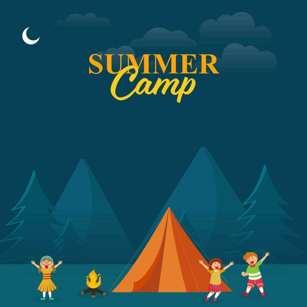 Summer Camp Poster Design With Cartoon Kids Enjoying In Front Of Tent And Bonfire On Blue Nighttime Nature Background. vector