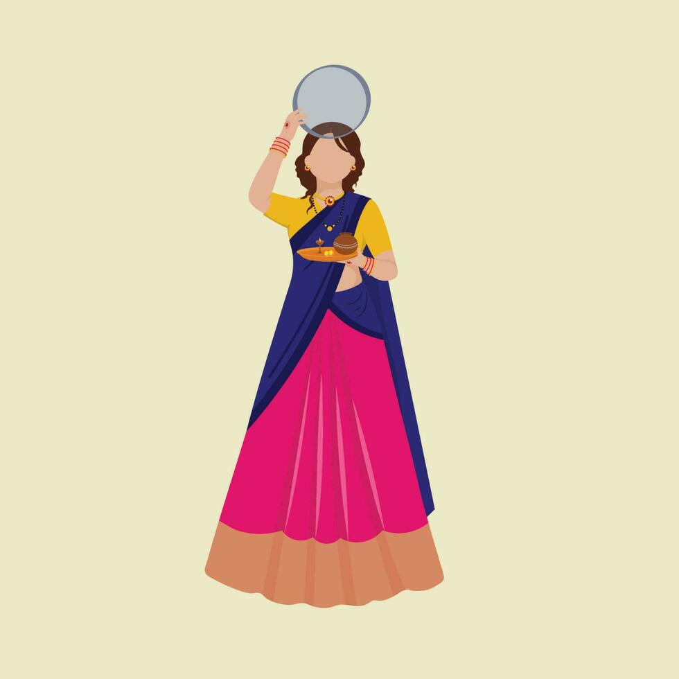 Faceless Indian Woman Holding Sieve And Worship Plate In Standing Pose. vector