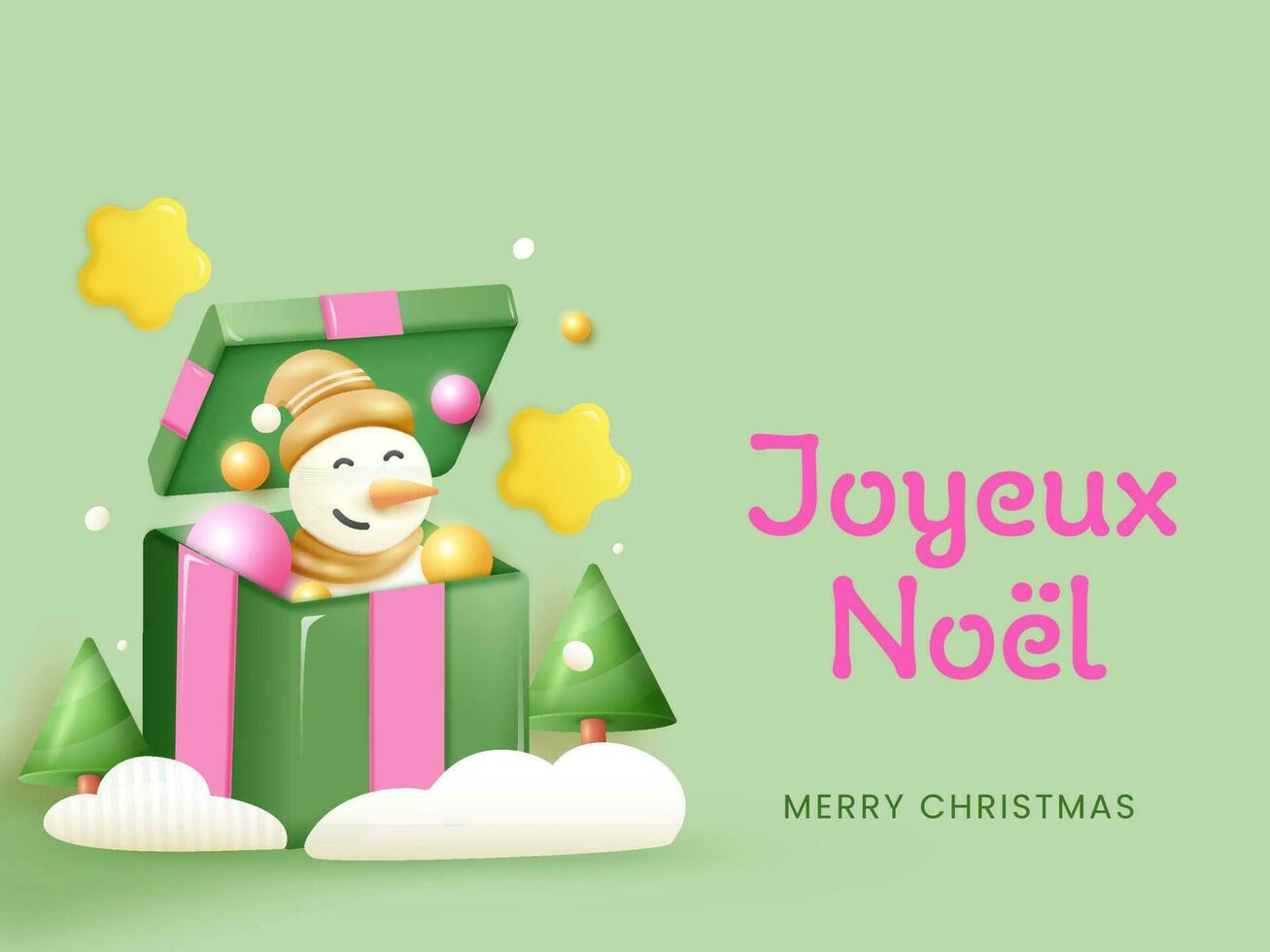 3d hacer linda monigote de nieve en sorpresa regalo caja con pelotas, estrellas, Navidad árbol en contra pastel verde antecedentes y alegre Navidad texto escrito en francés idioma. vector