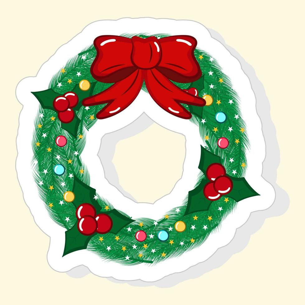 Isolated Decorative Christmas Wreath Icon In Sticker Style. vector