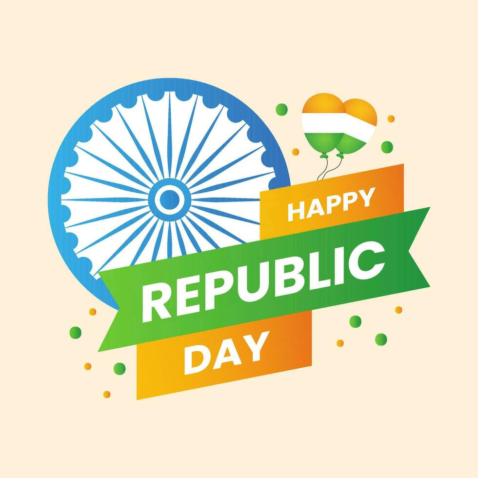 Happy Republic Day Text Strips With Ashoka Wheel And Balloons Over Peach Background For Indian National Festival Celebration Concept. vector