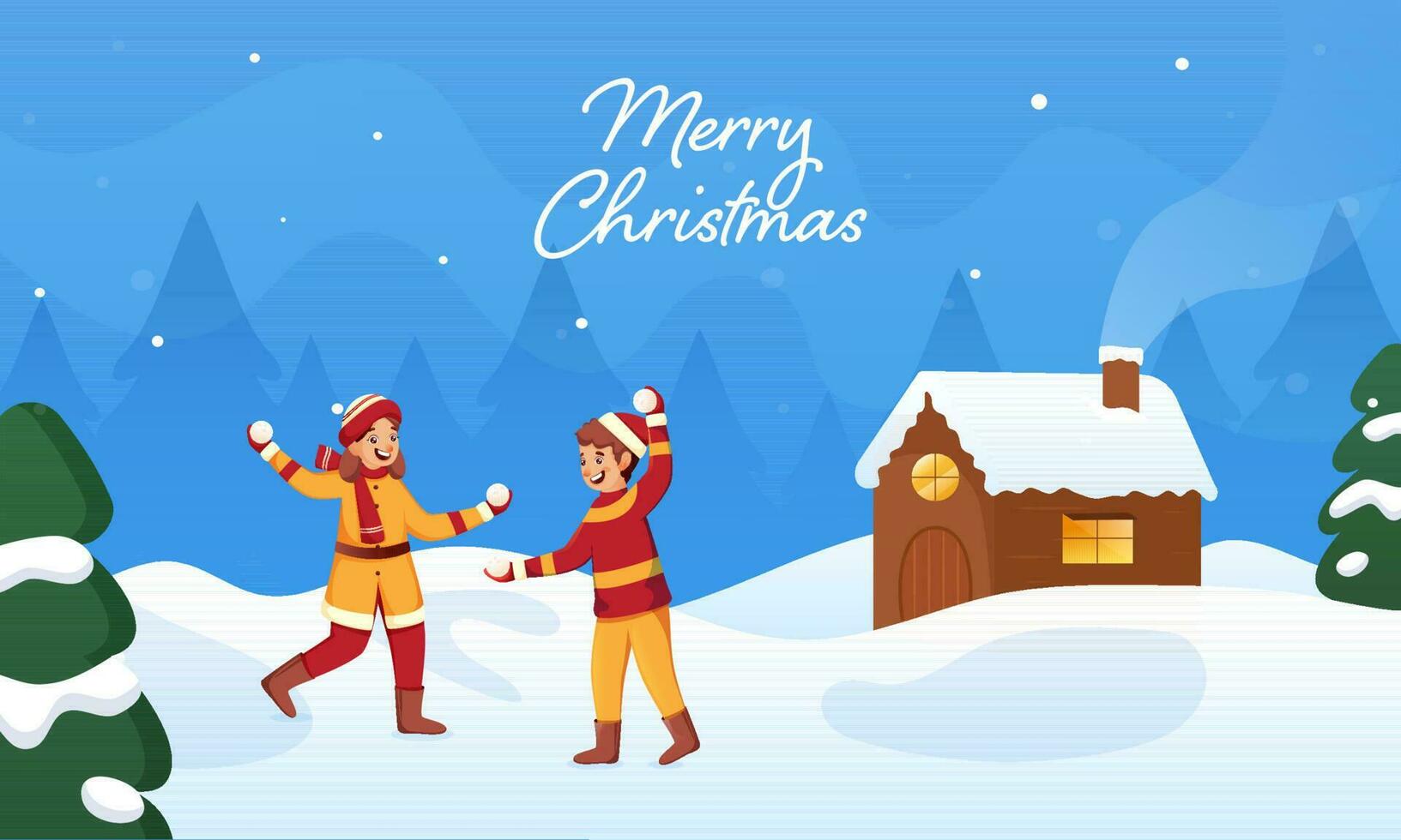 Merry Christmas Celebration Banner Design With Kids Throwing Snowballs At Each Other, Xmas Trees And Chimney House On Snowy Blue Background. vector