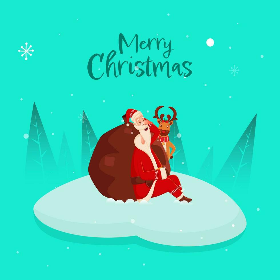 Merry Christmas Celebration Concept, Sleeping Santa Claus Near Heavy Bag And Funny Reindeer Standing On Cyan Snowfall Background. vector