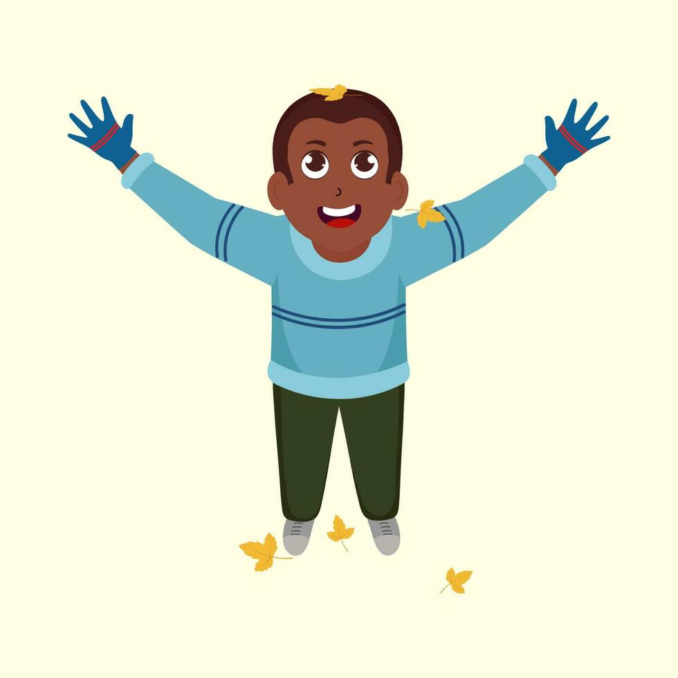 Cheerful Boy Raising Arms With Enjoy Falling Leaves On Light Yellow Background. vector