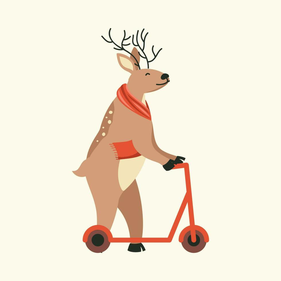 Cute Reindeer Wearing Scarf With Holding Cycle Board On Cosmic Latte Background. vector
