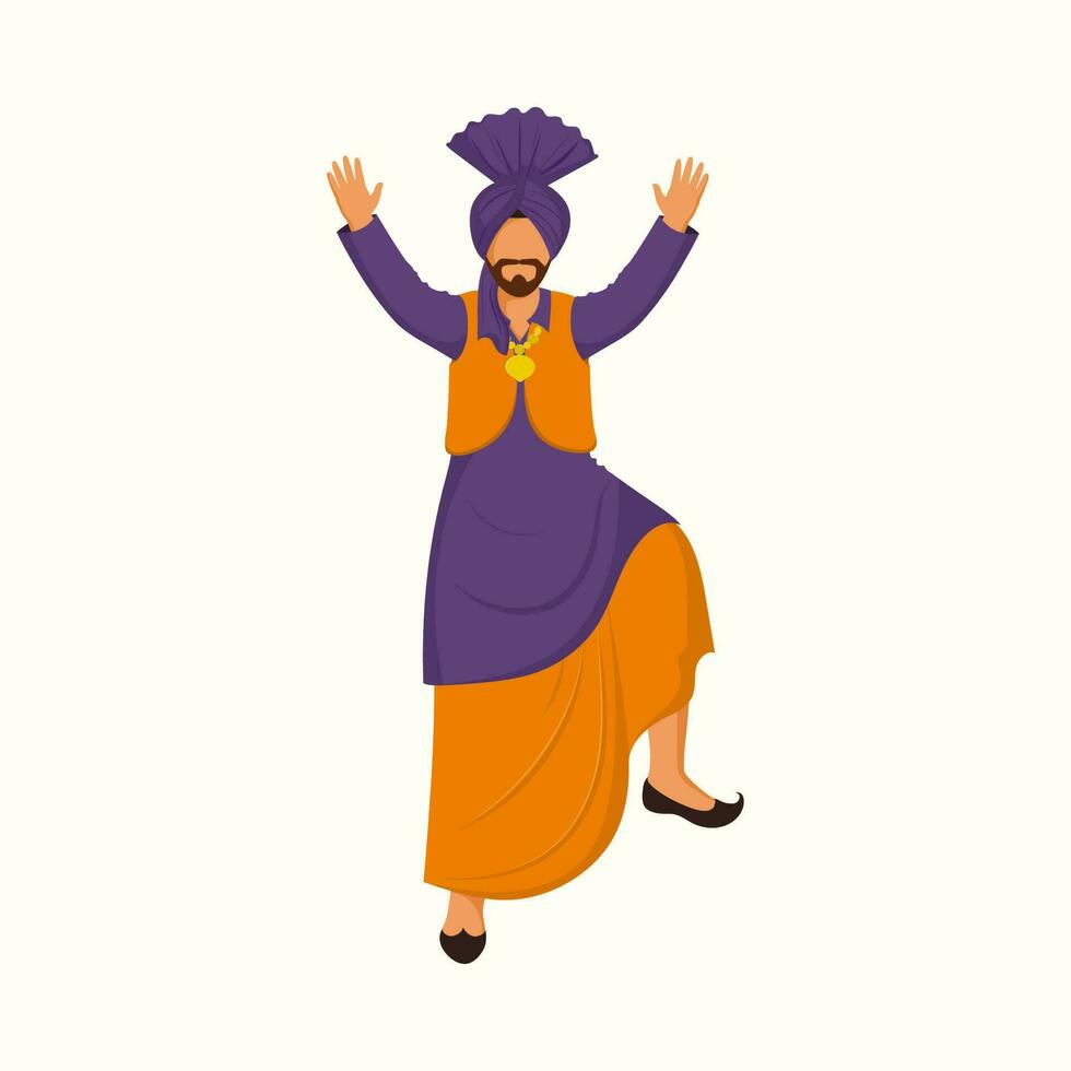 sin rostro sij hombre ejecutando bhangra danza en tradicional atuendo. vector