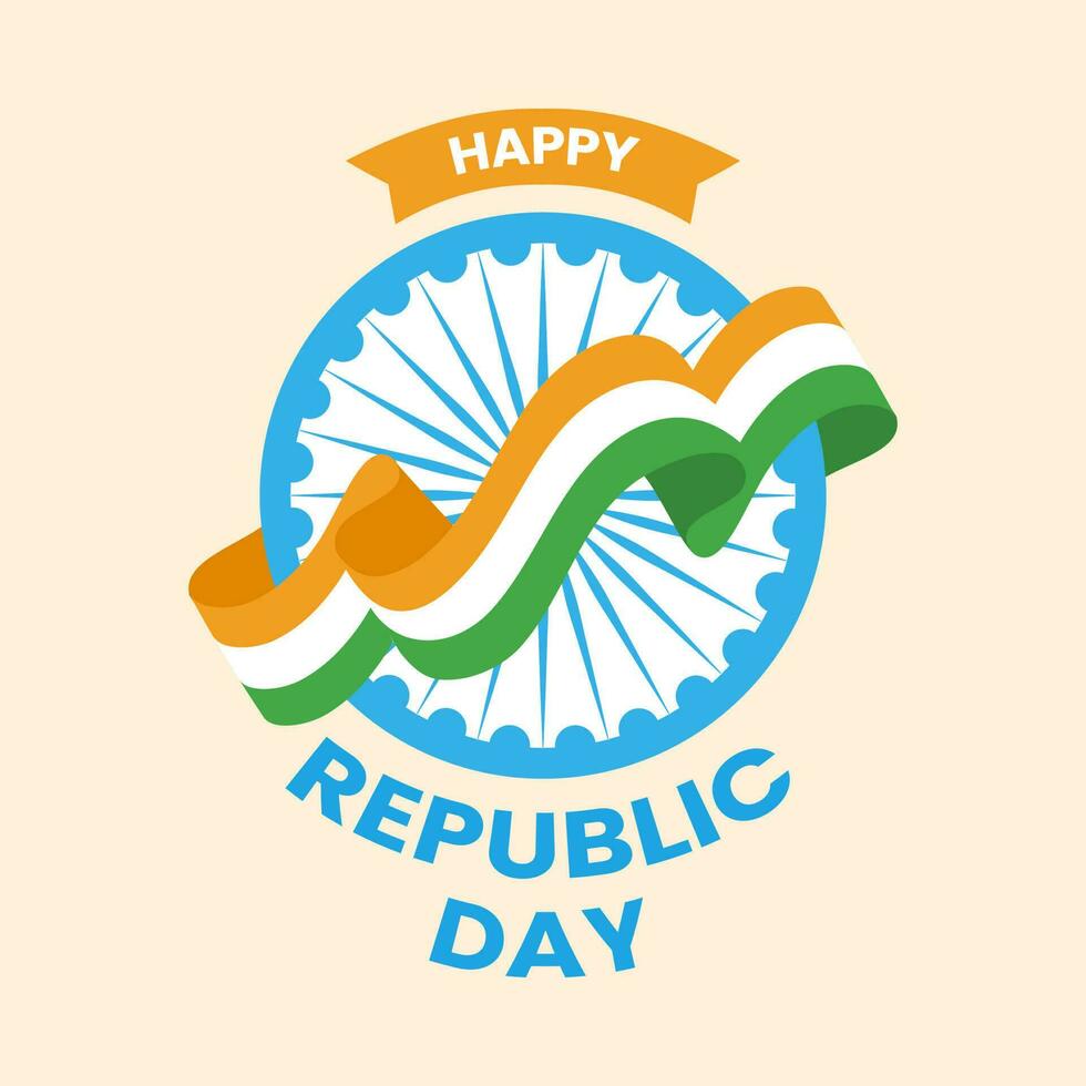 Happy Republic Day Text With Wavy Flag And Ashoka Wheel Against Peach Background For Indian National Festival Celebration Concept. vector