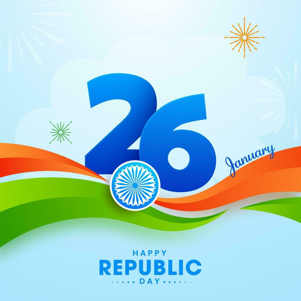 26 January Text With Ashoka Wheel, Saffron And Green Waves On Blue Fireworks Background. vector