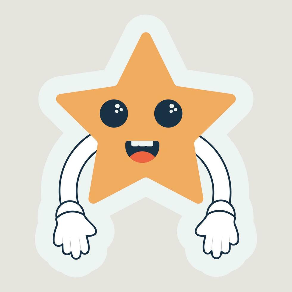 Isolated Sticker Of Yellow Cheerful Star Cartoon With Hand Down Against Grey Background. vector