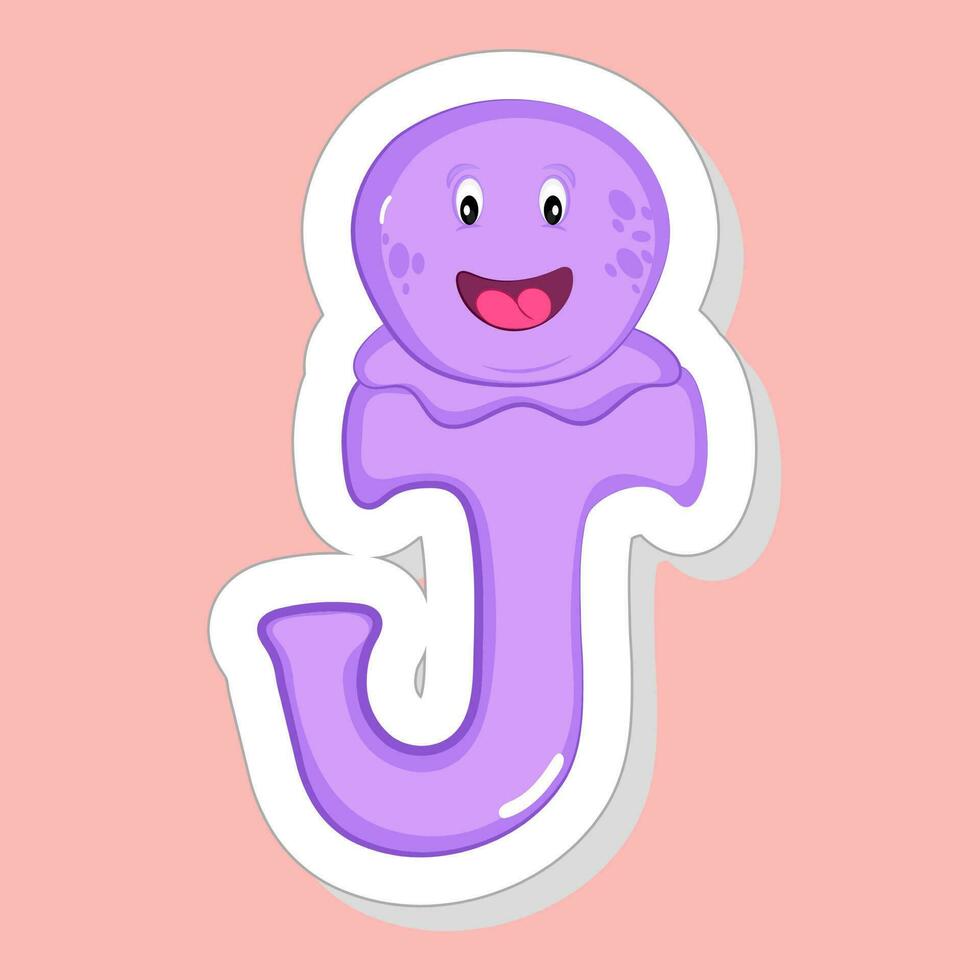 Sticker Style Purple J Alphabet Animal Cartoon Jellyfish On Pink Background. vector