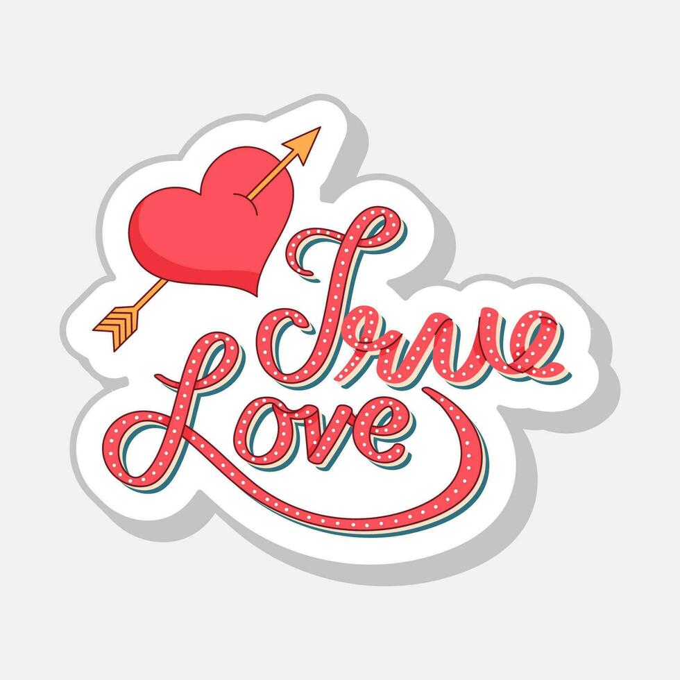 Sticker Style True Love Text, Arrow Hit Heart Symbol In Flat Style. vector
