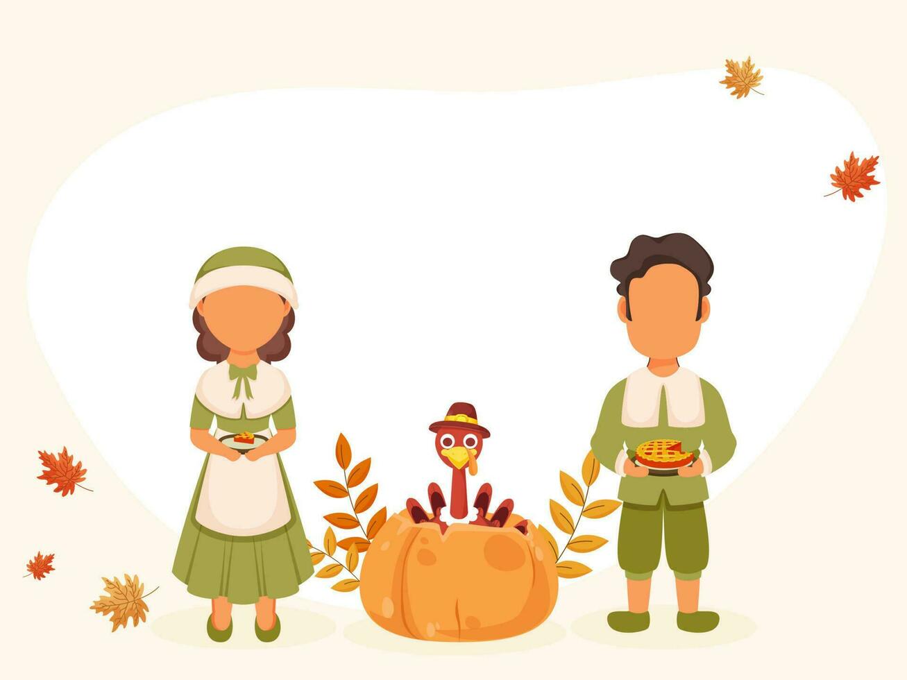 Faceless Pilgrim Couple Character Holding Pie Cake With Turkey Bird Inside Pumpkin, Autumn Leaves Against Background For Thanksgiving Festival. vector