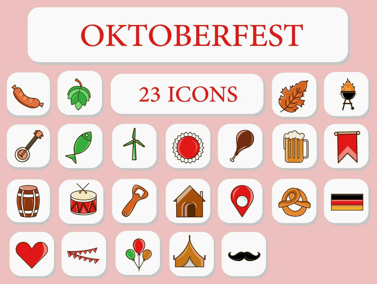 plano estilo Oktoberfest celebracion icono conjunto terminado cuadrado rosado antecedentes. vector