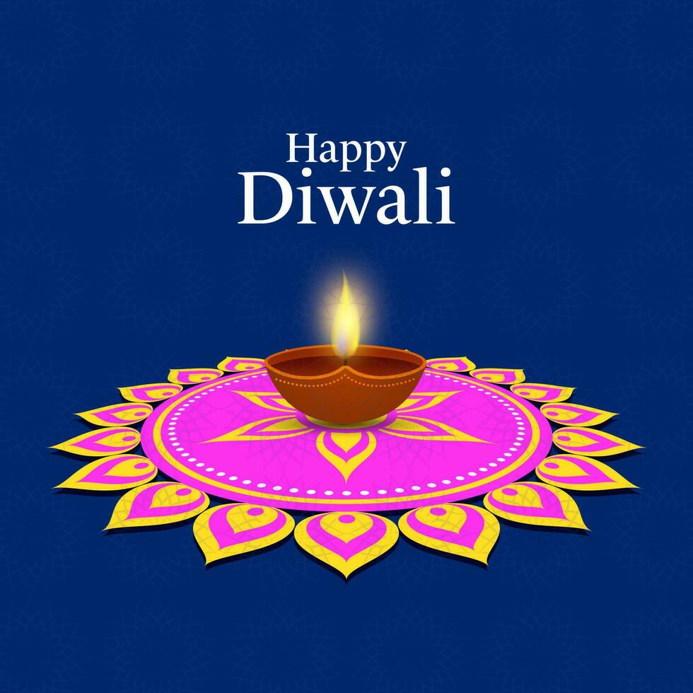 Happy Diwali Celebration Concept With Illuminated Oil Lamp Over Rangoli On Blue Background. vector