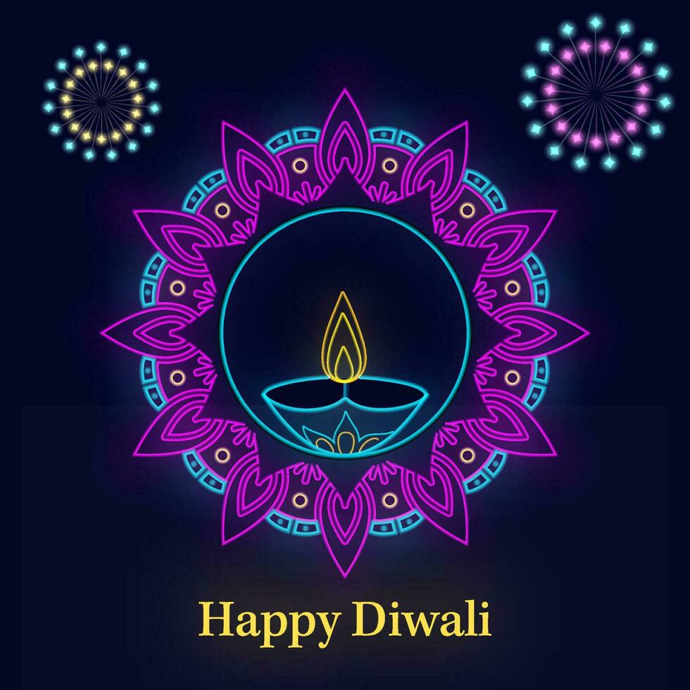 Happy Diwali Celebration Concept With Neon Style Round Mandala Frame, Lit Oil Lamp And Fireworks Star On Blue Background. vector