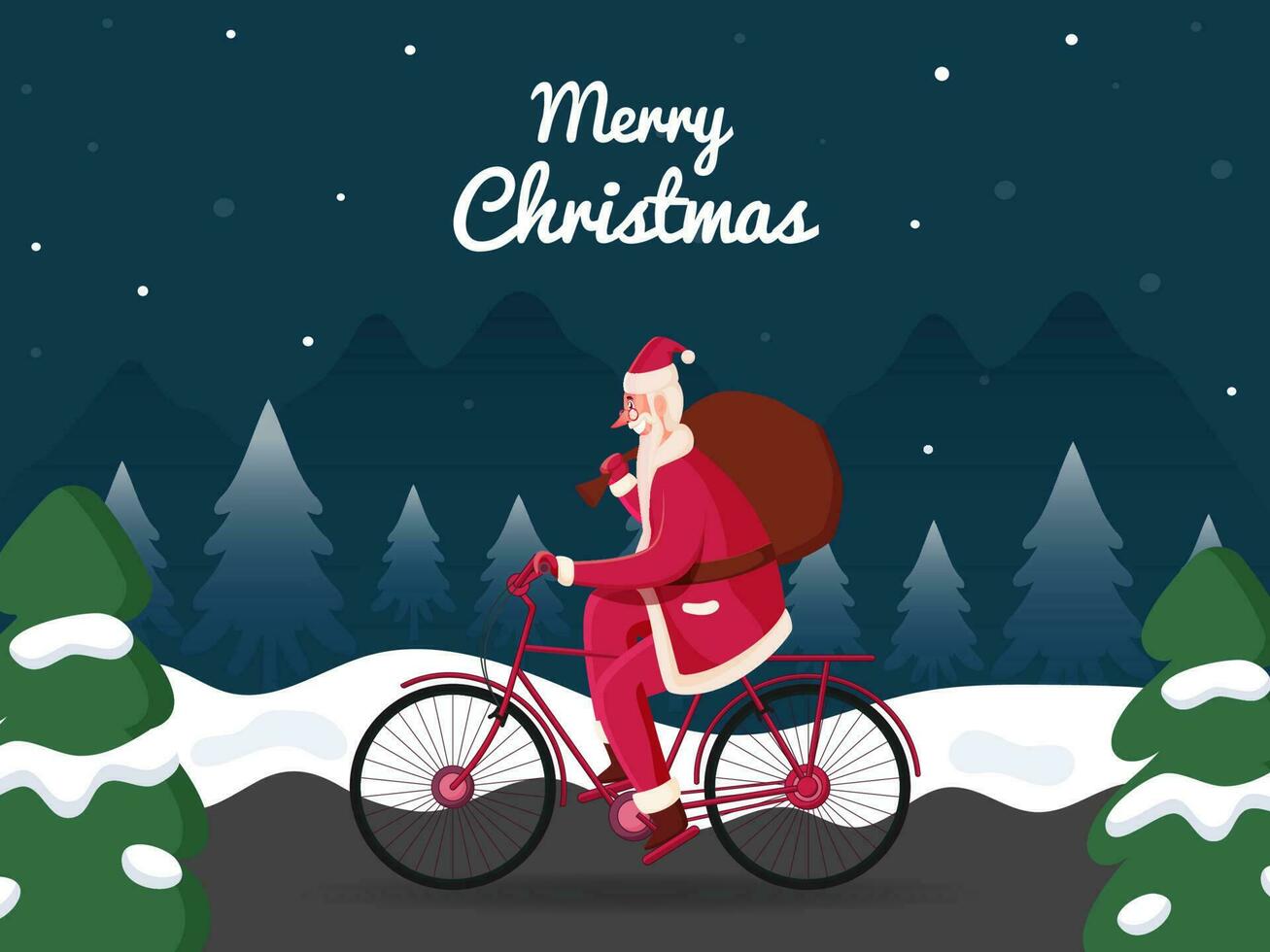 vector ilustración de Papa Noel claus montando bicicleta con pesado bolso en nieve paisaje antecedentes para alegre Navidad concepto.