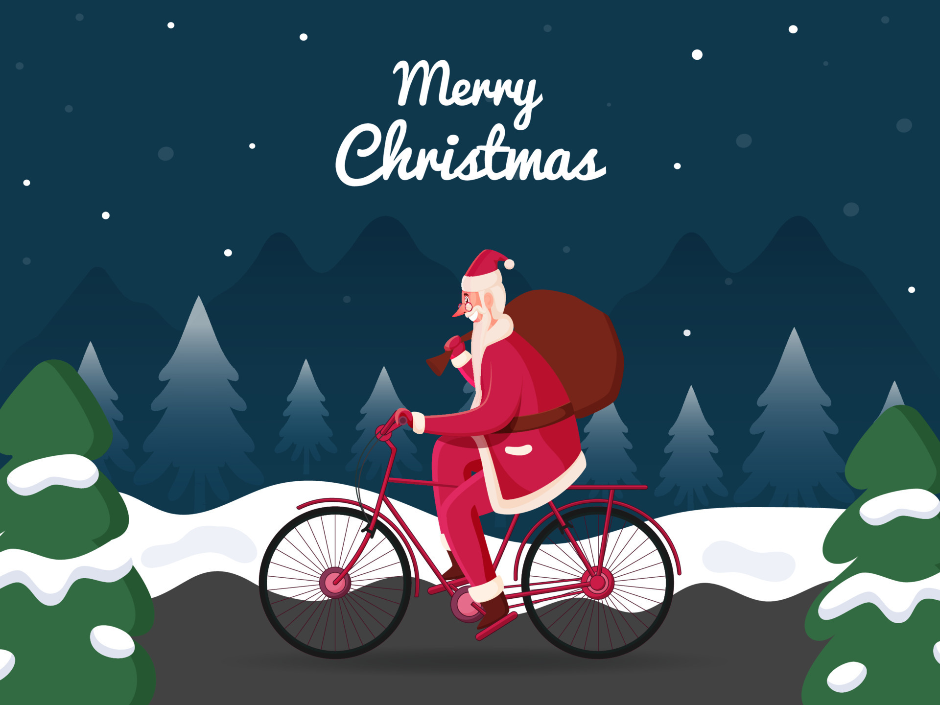 Vector Illustration Of Santa Claus Riding Bicycle With Heavy Bag On