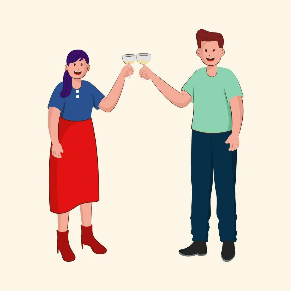 Cheerful Young Couple Cheers With Drink Glass In Standing Pose On Cosmic Latte Background. vector