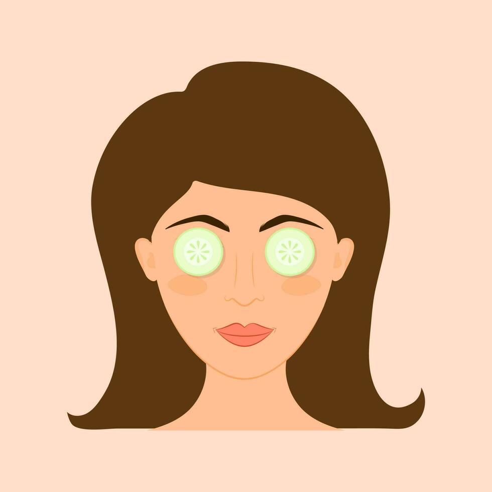 Cucumber Slice On Woman Eyes Icon On Peach Background. vector