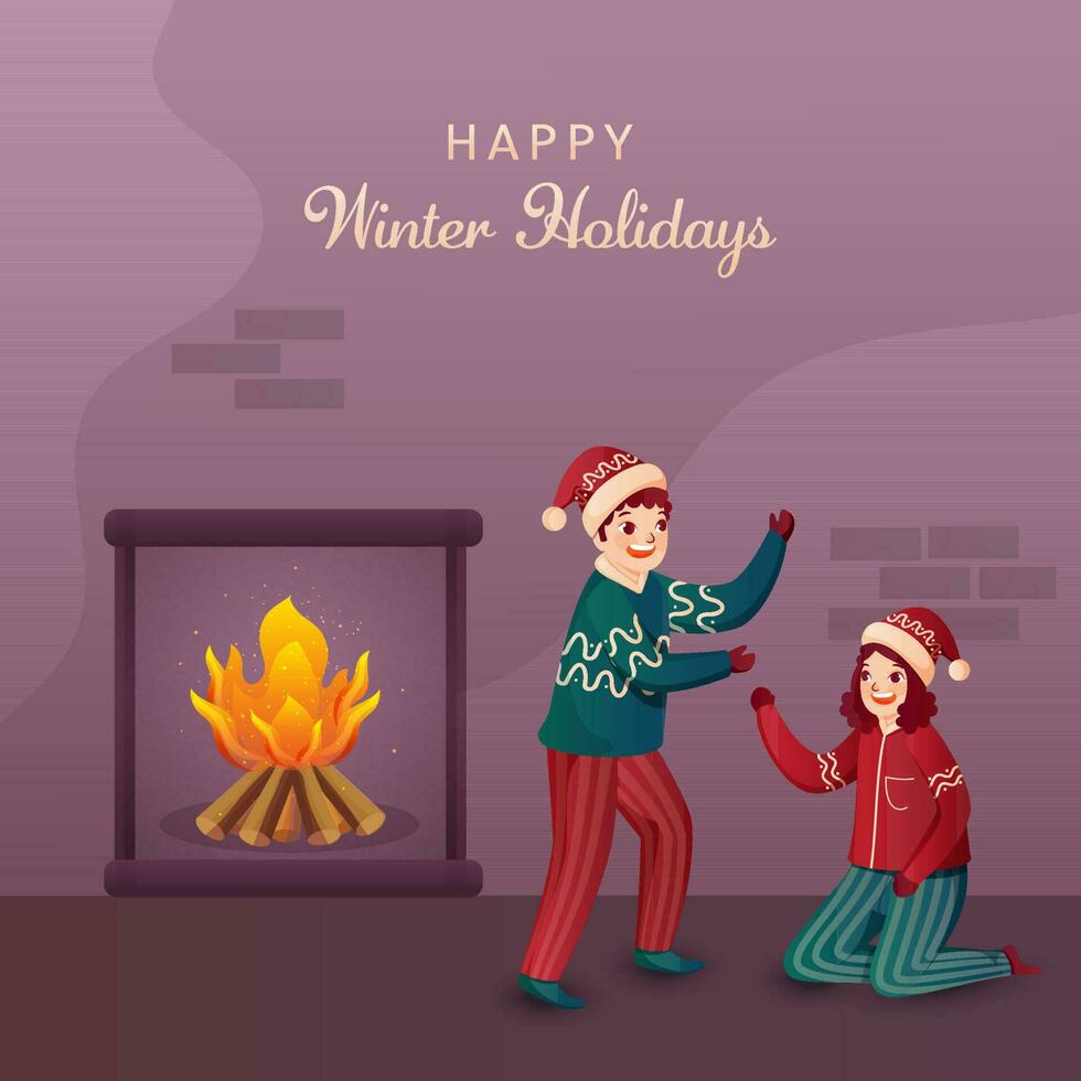 Happy Winter Holidays Poster Design With Cheerful Kids In Woolen Clothes And Fireplace On Twilight Lavender Color Background. vector