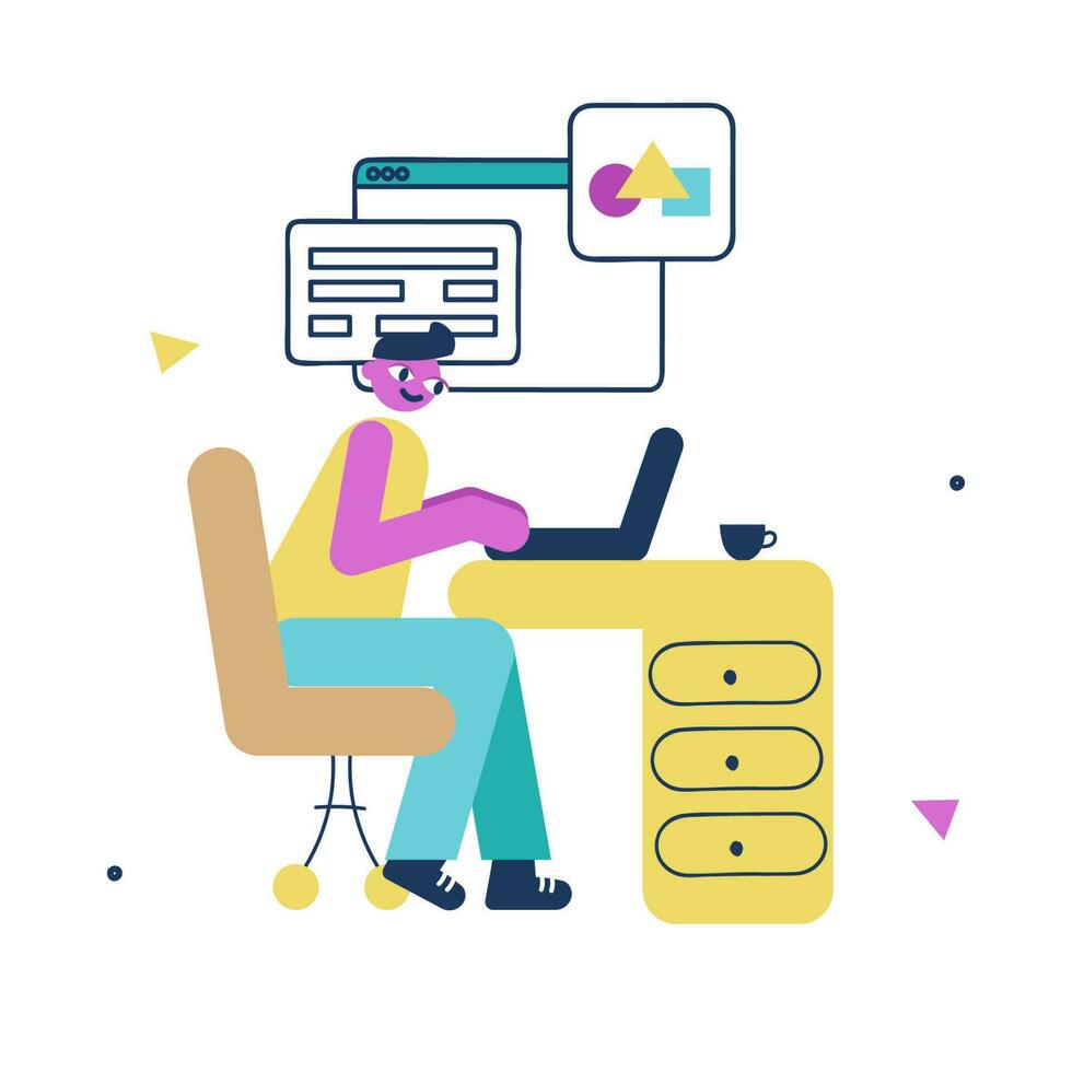 Doodle style infographics concept with businessman or employee working on laptop, with UI UX elements. vector