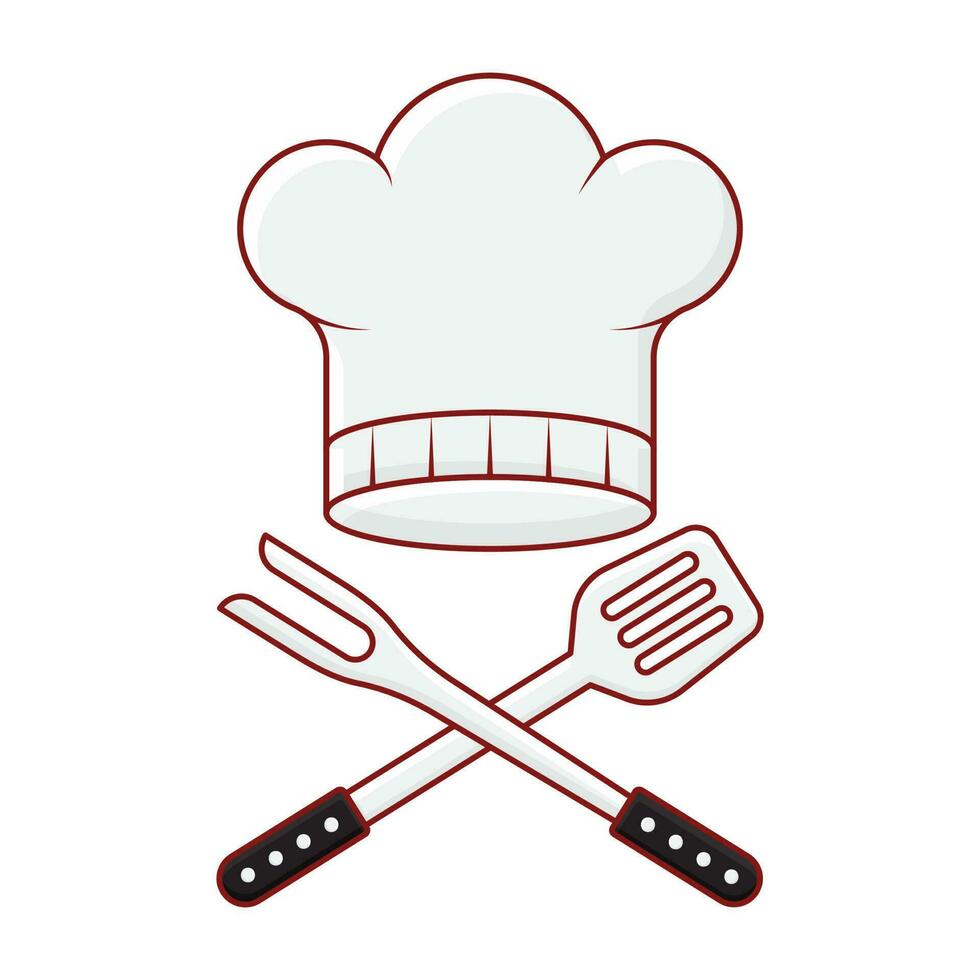 Chef Hat With Cross Bbq Fork And Spatula Over White Background. vector