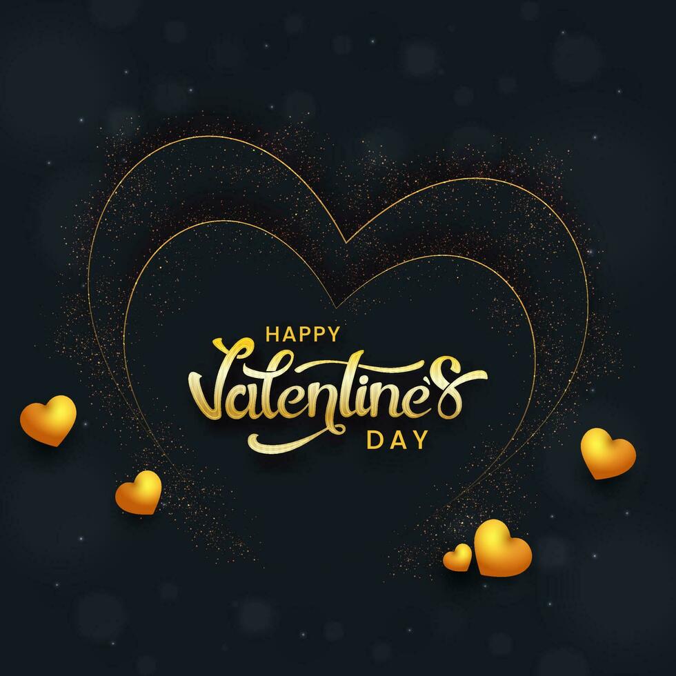 Golden Happy Valentine's Day Font With Glossy Heart Balloons On Lights Effect Black Background. vector
