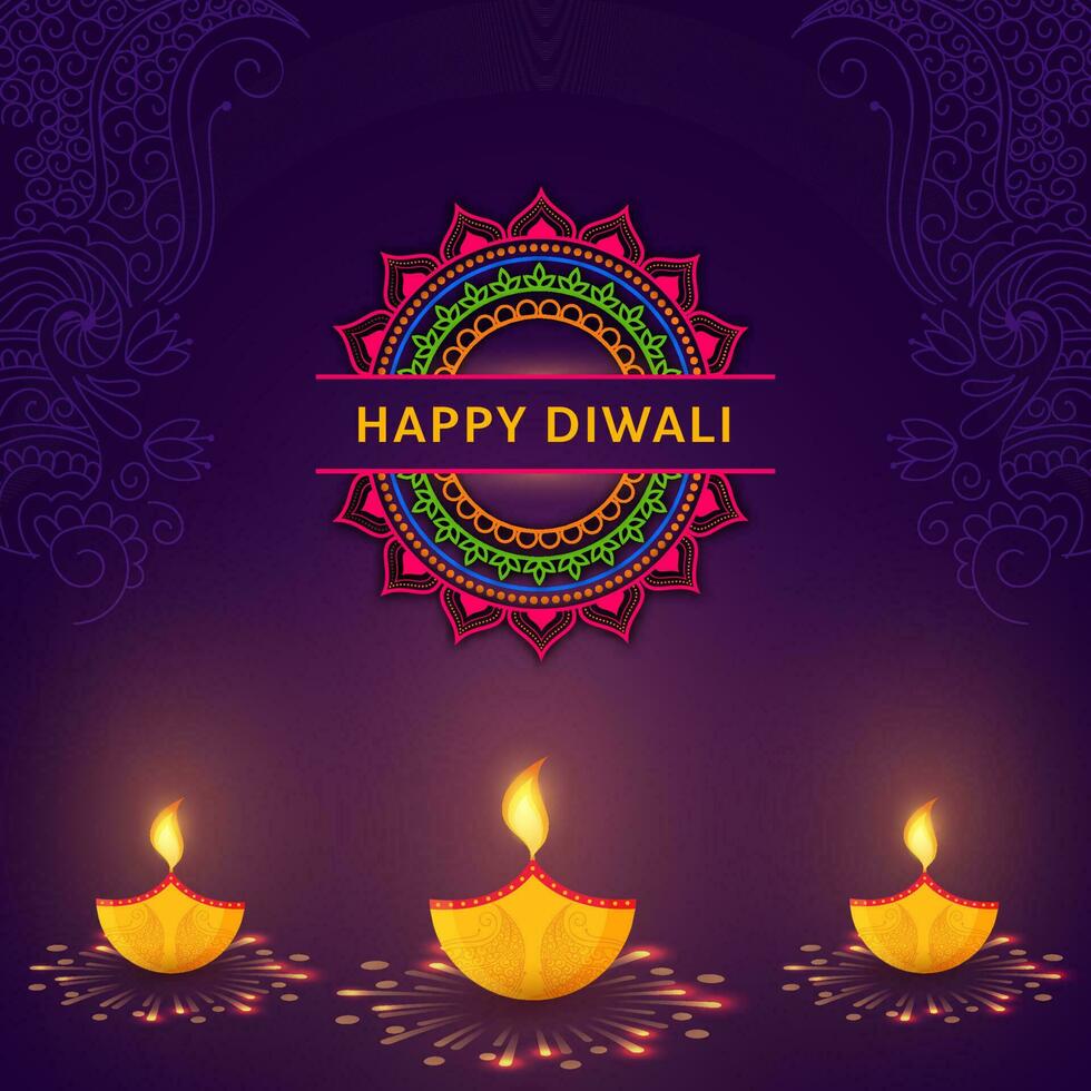 contento diwali celebracion póster diseño con iluminado petróleo lamparas y cachemir modelo en Violeta antecedentes. vector