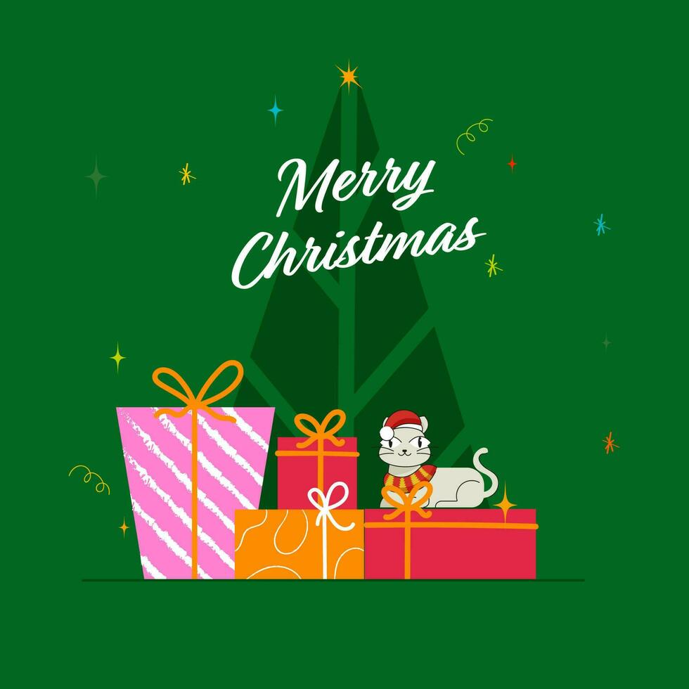 Merry Christmas Poster Design With Cartoon Cat Wearing Santa Hat Over Gift Boxes On Green Xmas Tree Background. vector