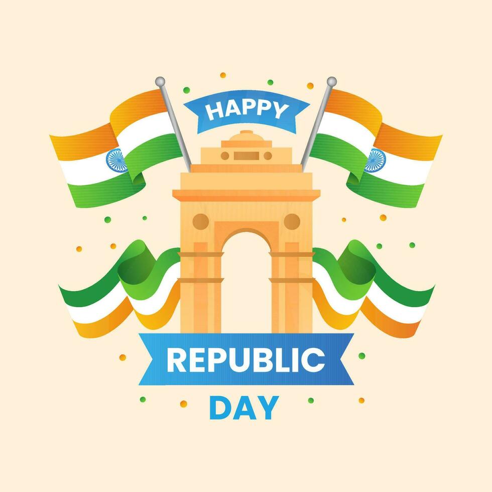 Happy Republic Day Text With India Gate And Wavy Flags On Peach Background For India National Festival Celebration Concept. vector