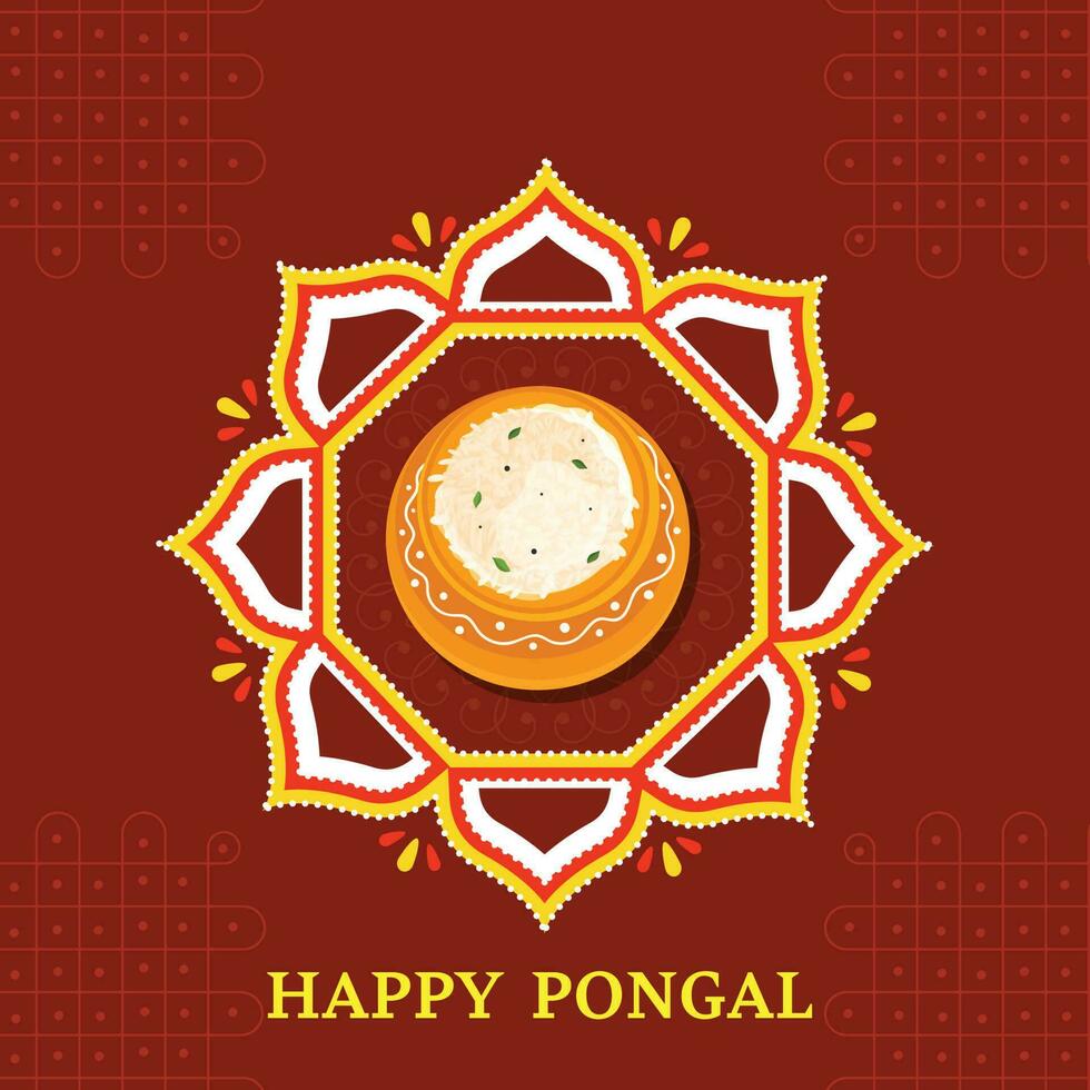 Happy Pongal Celebration Greeting Card With Top View Of Pongali Rice In Clay Pot Over Kolam On Red Background. vector