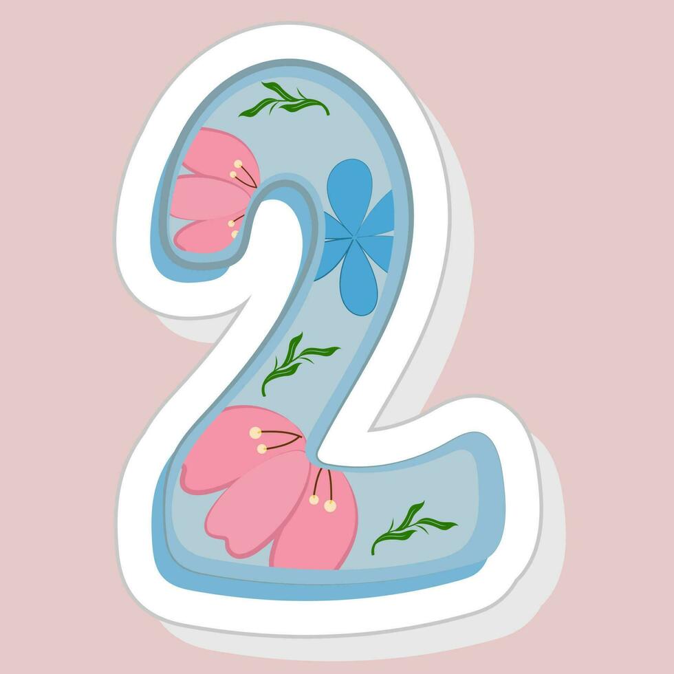 Sticker Style Blue Floral Number 2 On Pink Background. vector