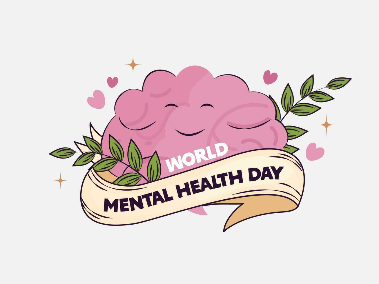 World Mental Health Day Concept With Smiley Brain, Hearts And Leaves On Gray Background. vector