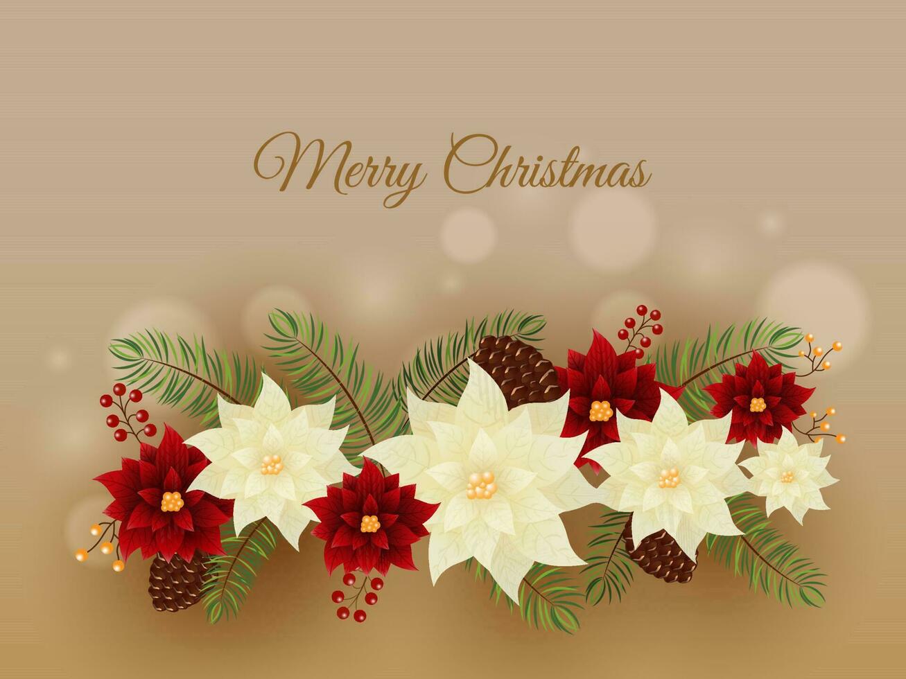 Merry Christmas Concept With Poinsettia Flowers, Fir Leaves, Pine Cones And Berries On Golden Bokeh Blur Background. vector