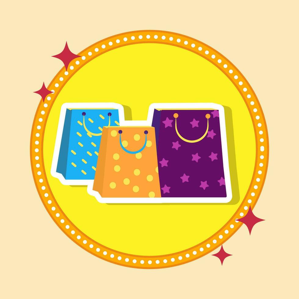 Sticker Style Colorful Diwali Shopping Bag Icon Against Yellow Background. vector