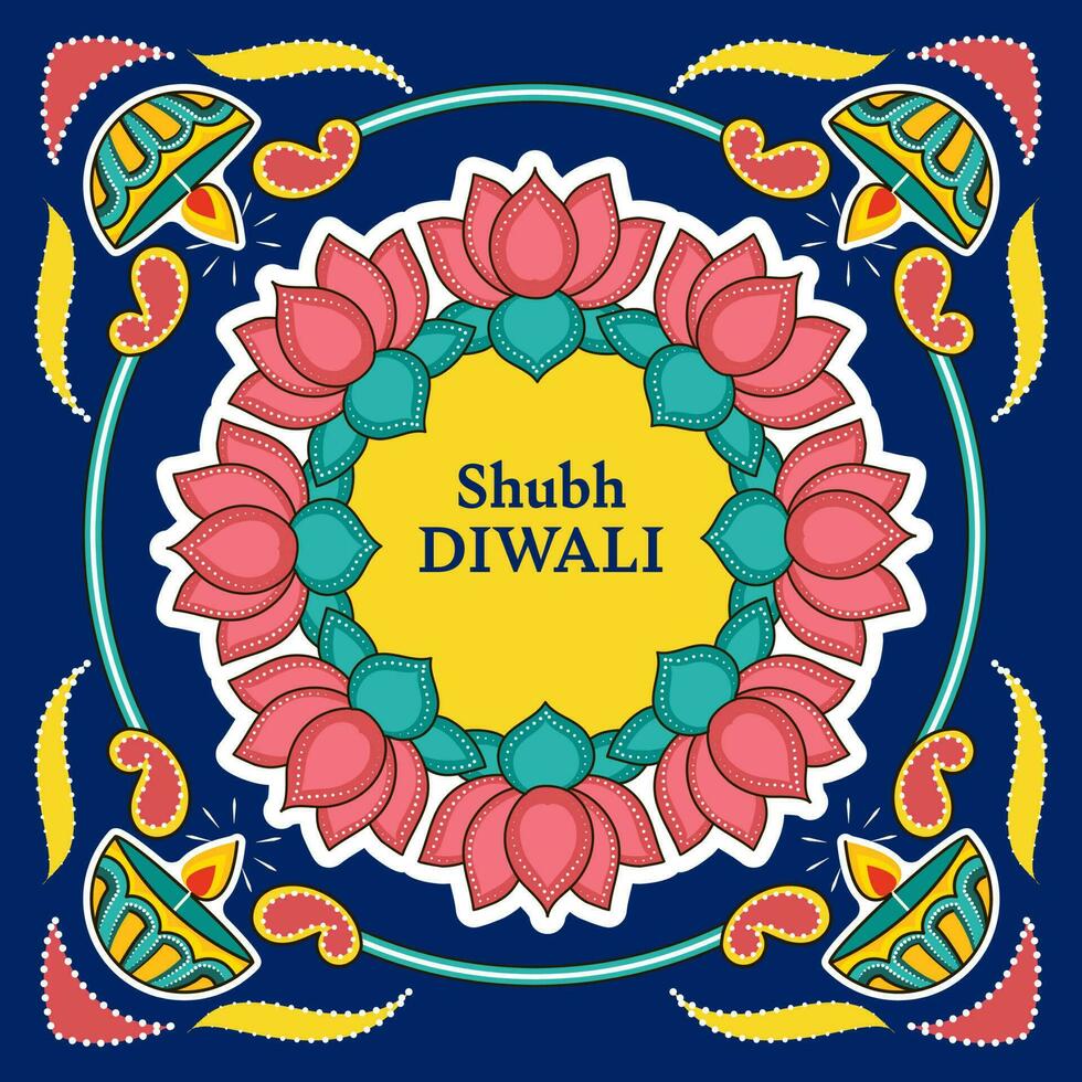 Happy Diwali Greeting Card With Sticker Style Lotus Flowers, Lit Oil Lamps On Blue Background. vector