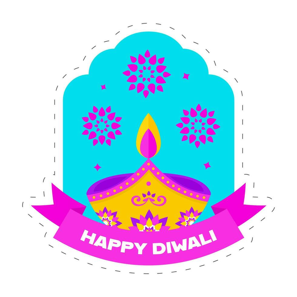 Happy Diwali Celebration Concept With Lit Oil Lamp, Mandala Or Flower On Blue And White Background. vector