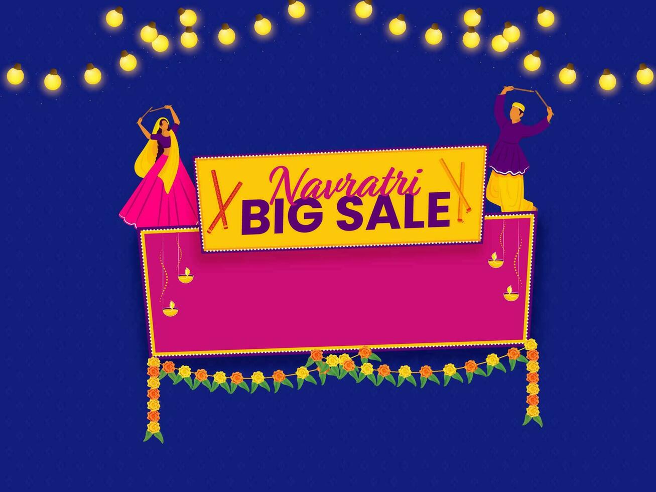 Navratri Big Sale Poster Design With Indian Couple Holding Dandiya Sticks, Toran And Lighting Garland Decorated On Blue Background. vector