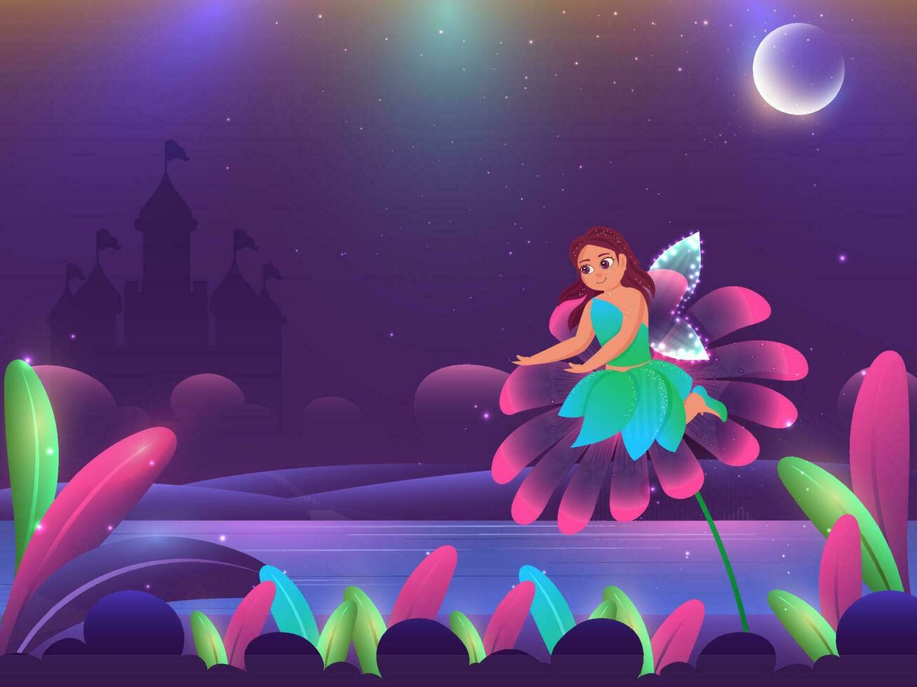 Enchanted Forest Moon Background With Silhouette Castle, Cute Fairy Girl On Flower, Water Surface. vector