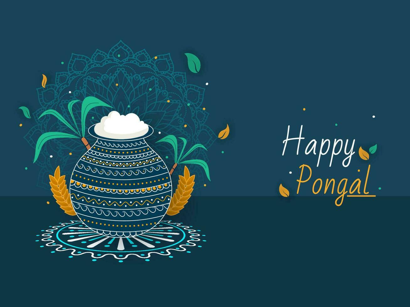 Happy Pongal Lettering With Vector Traditional Dish In Clay Pot, Sugarcanes, Wheat Ears Over Rangoli On Blue Background.