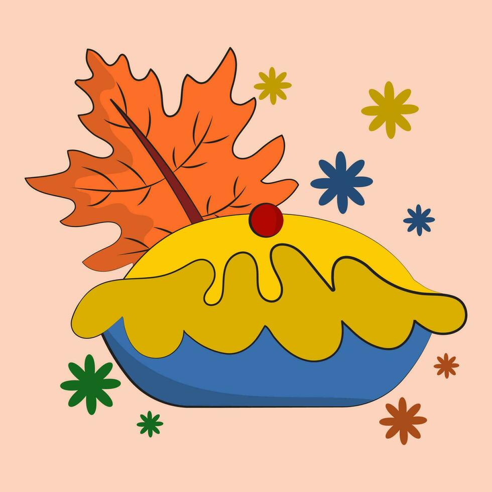 Isolated Cupcake With Maple Leaf And Flowers Decorative Peach Background. vector