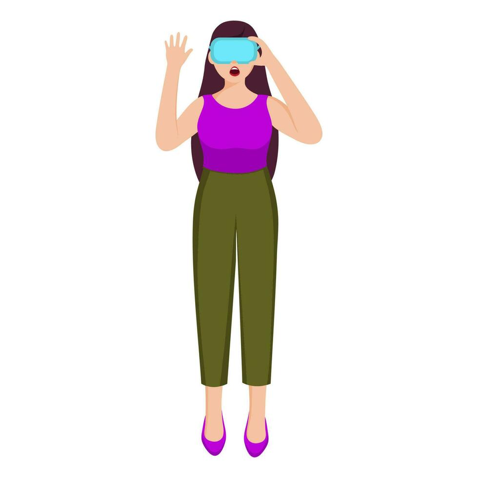 Shocked Woman Watching Something Through VR Headset In Standing Pose. vector