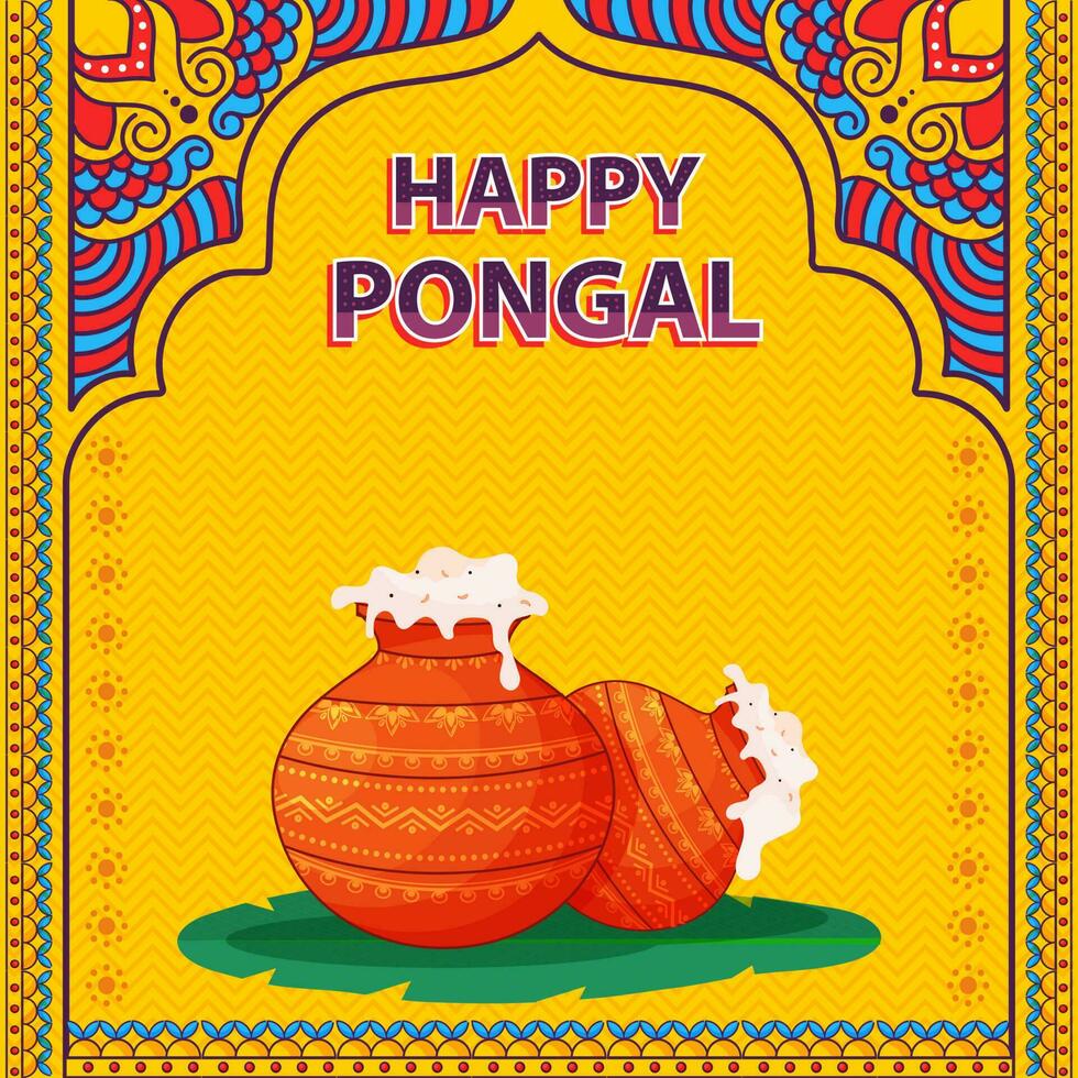 contento pongal celebracion saludo tarjeta con pongali arroz en arcilla ollas terminado plátano hoja en vistoso étnico y zigzag línea modelo antecedentes. vector