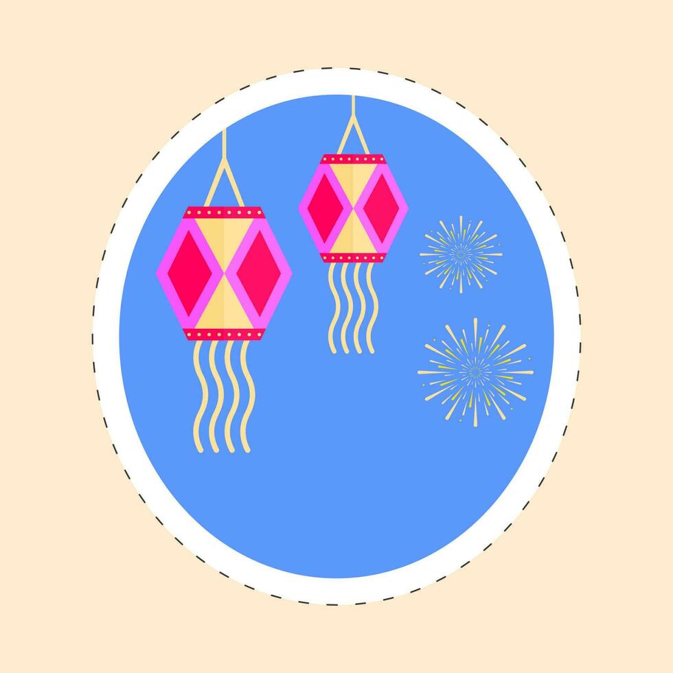 Circular Sticker Of Hanging Kandil Over Fireworks Sky Blue Background. vector
