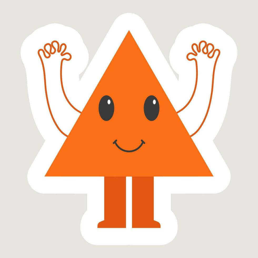 Orange Sticker Of Hand Up Standing Triangle Cartoon Over Grey Background. vector